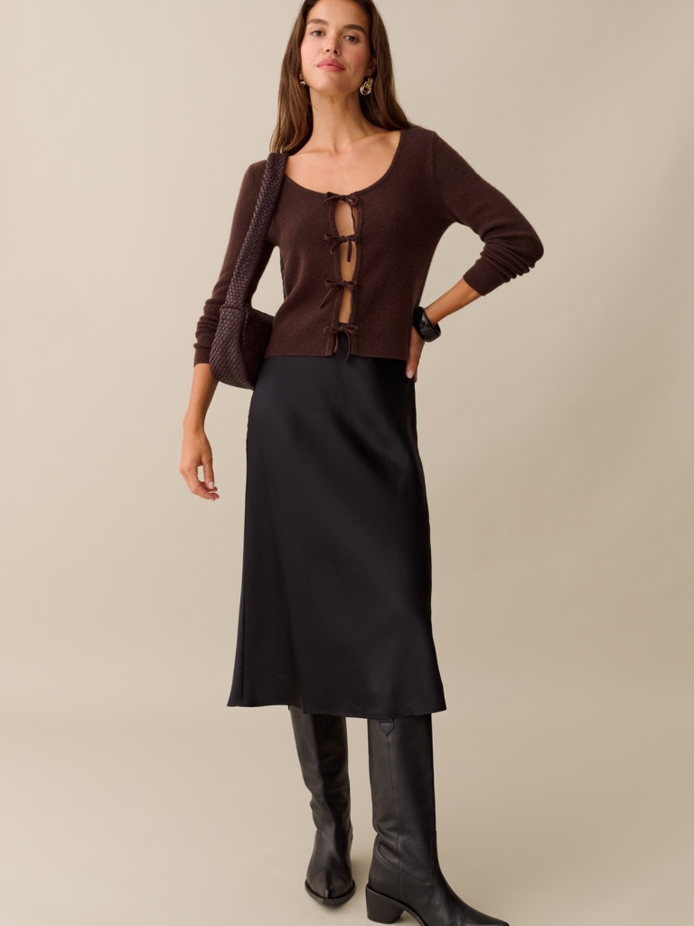 Cashmere Chocolate Brown Tie-Front Top - Picture 6 of 7